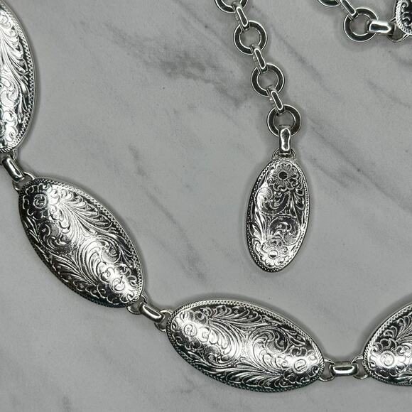 Womens Floral Engraved Concho Silver Tone Chain Belt L/XL Large ✨ main image 10